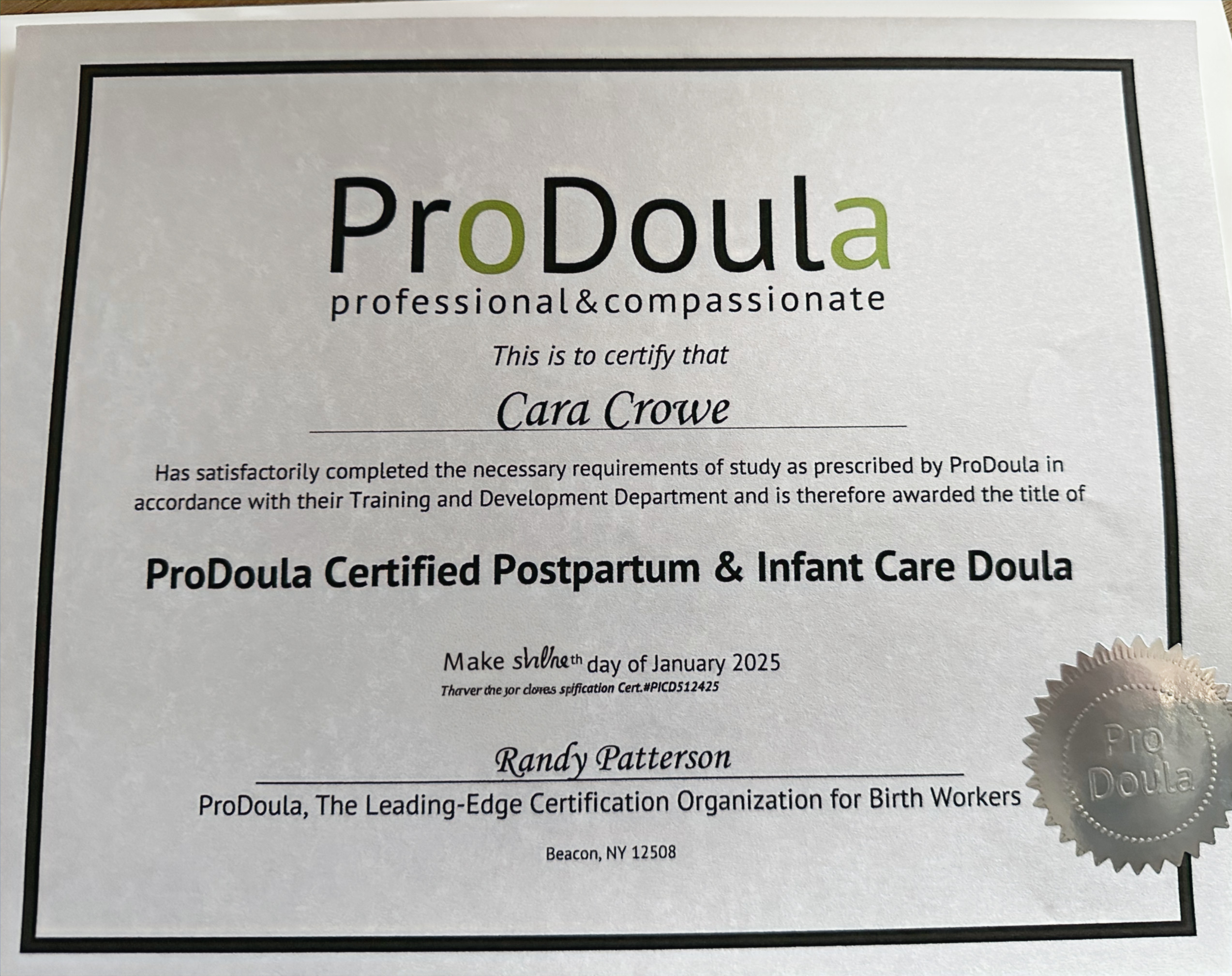 ProDoula Certified Postpartum & Infant Care Doula certificate